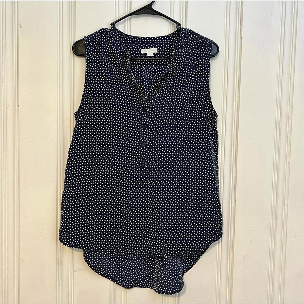 Garnet Hill Women's 8 blue white polka dot 100% silk button down sleeveless top
